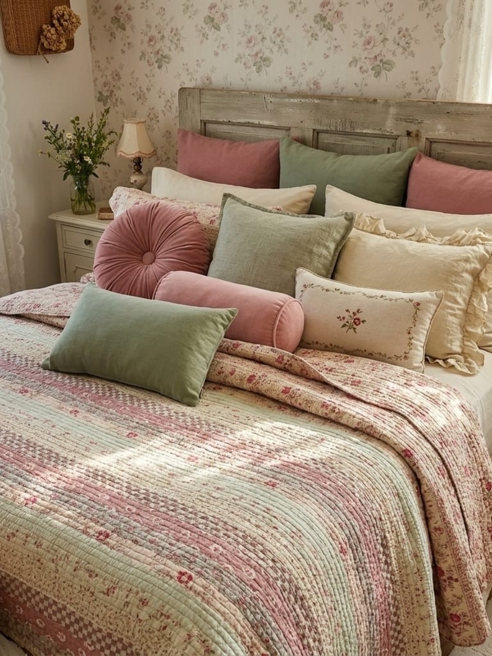 Elena Brunelli Vintage Rose Quilt Bedspread - Pink Patchwork